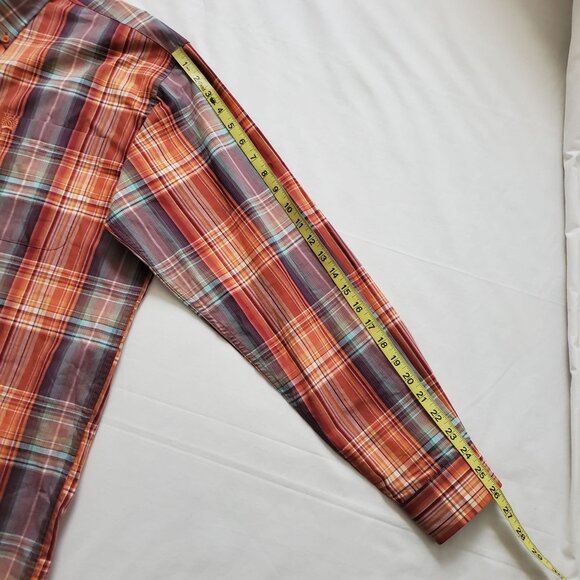 Cinch Men's Red Orange Plaid Long Sleeve Button Down Front Shirt Size Medium - Picture 10 of 11